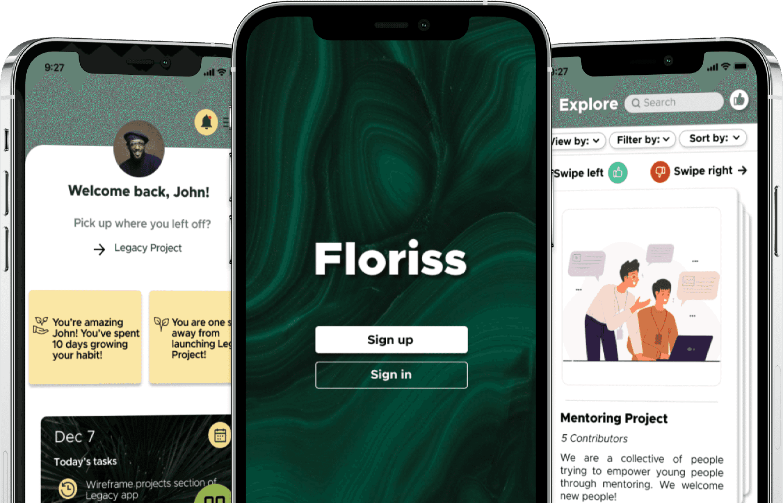 Three screenshots of the different pages of the Floriss app on mobile phones