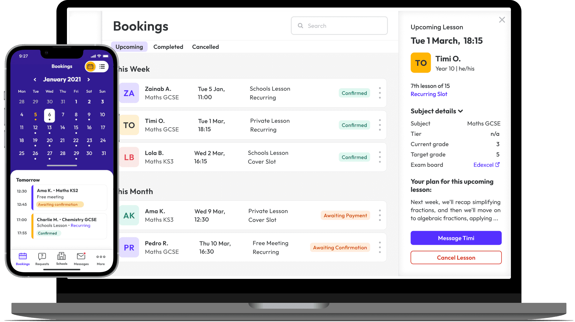 Screenshots of the Tutor Up app on a laptop and on a phone